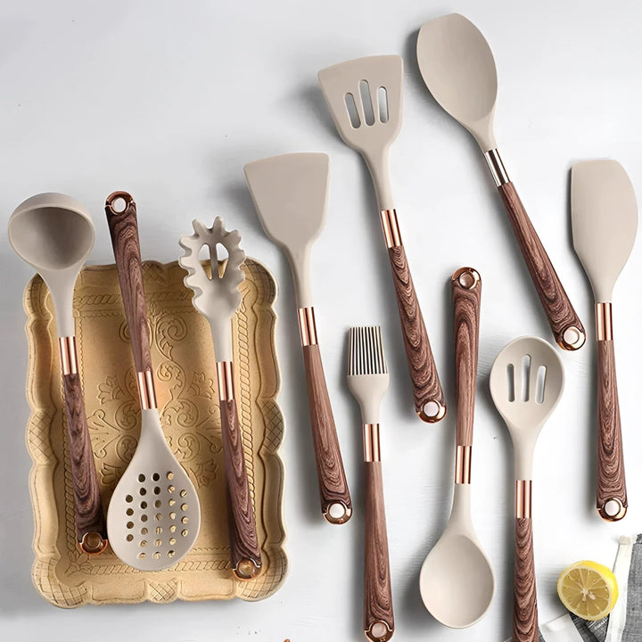 Heat-resistant silicone & natural wood kitchen utensil set. Non-stick cooking tools for the home chef.