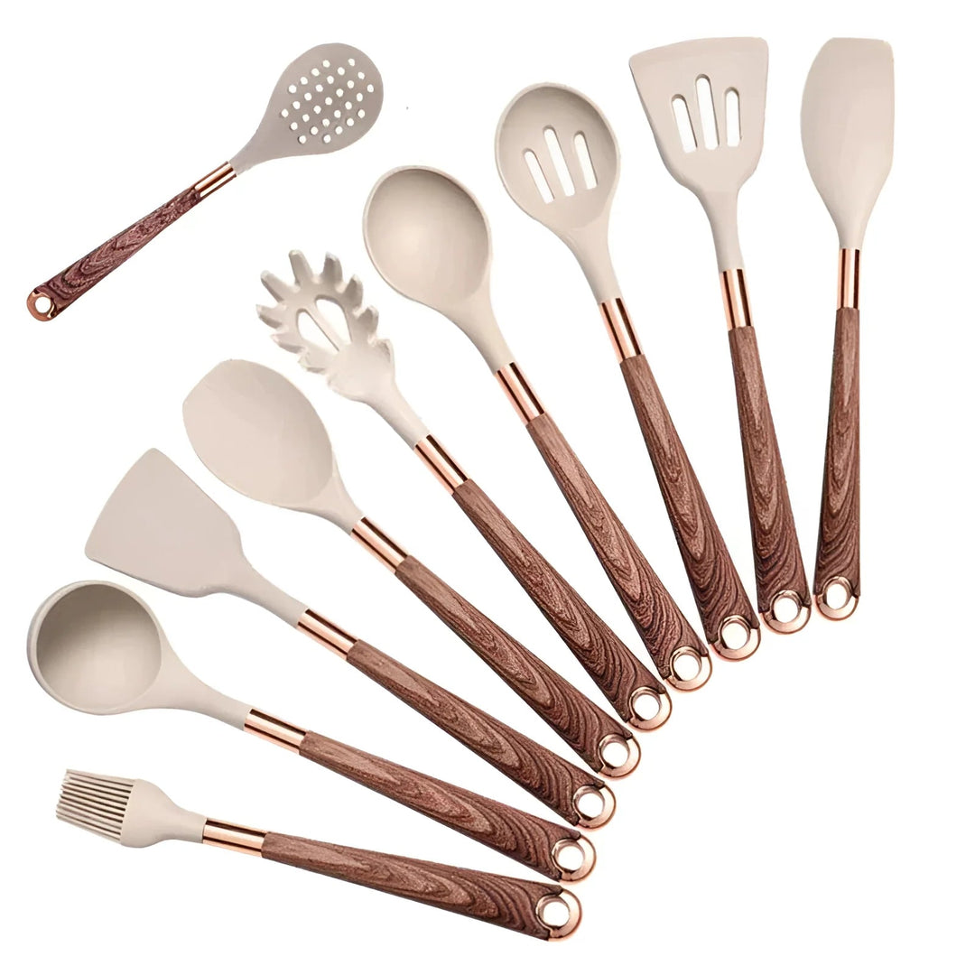 Complete premium silicone & wood kitchen utensil set. Non-stick, heat-resistant cooking tools for modern kitchens.