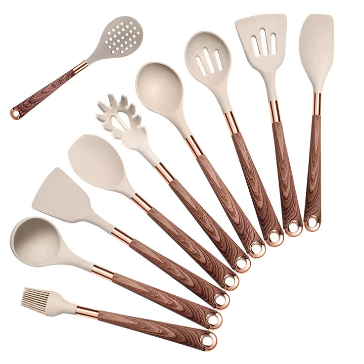 Complete premium silicone & wood kitchen utensil set. Non-stick, heat-resistant cooking tools for modern kitchens.