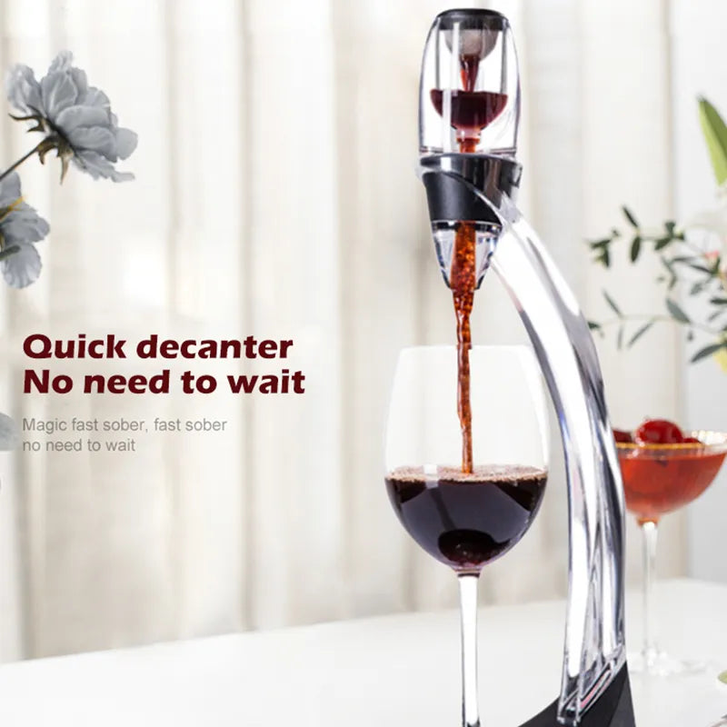 Pouring red wine through a premium aerator decanter, instantly enhancing aroma & softening tannins for better taste.