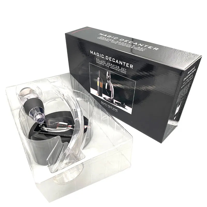 Modern premium wine aerator decanter on a dining table, ready to elevate any wine tasting or dinner party.