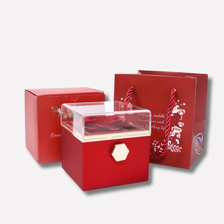 Preserved rose gift box with a personalized engraved double heart necklace, a romantic keepsake for women.