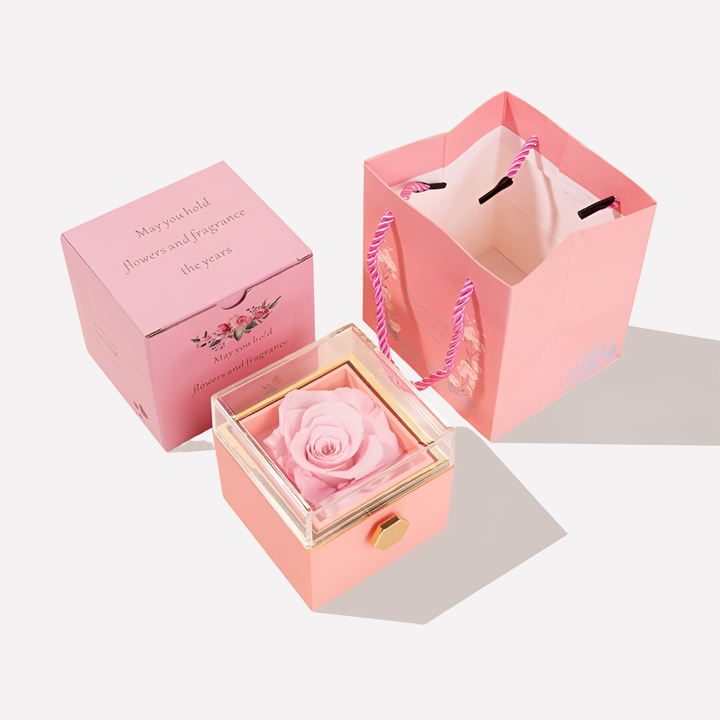 Rose gold engraved double heart necklace, custom gift for women, displayed with a beautiful preserved rose, perfect anniversary.