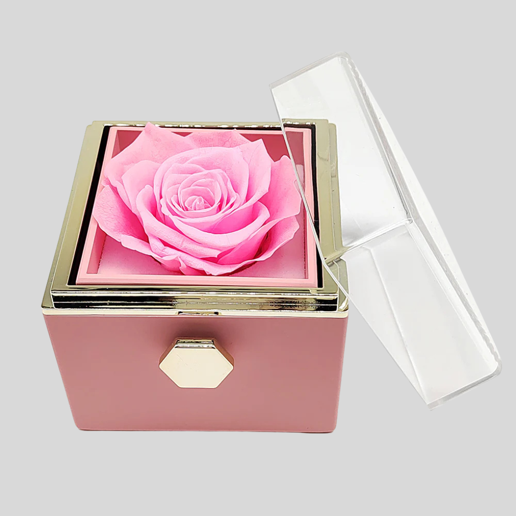 Elegant preserved rose gift box & gold engraved double heart necklace, a romantic personalized keepsake for women.