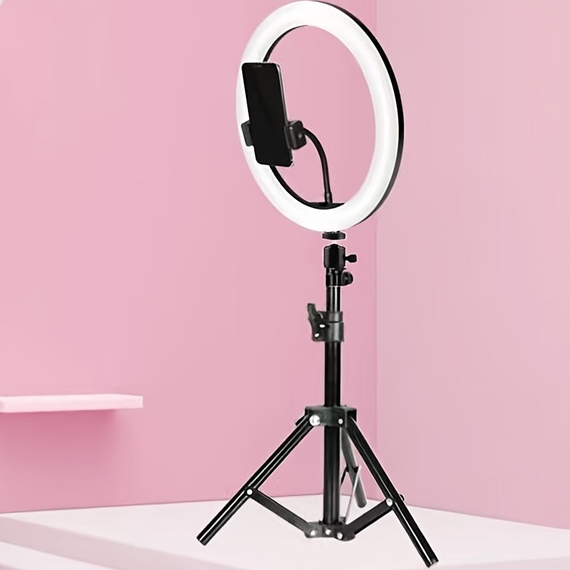 Professional 10-inch LED ring light kit with adjustable tripod for photography, video, vlogging, and makeup.