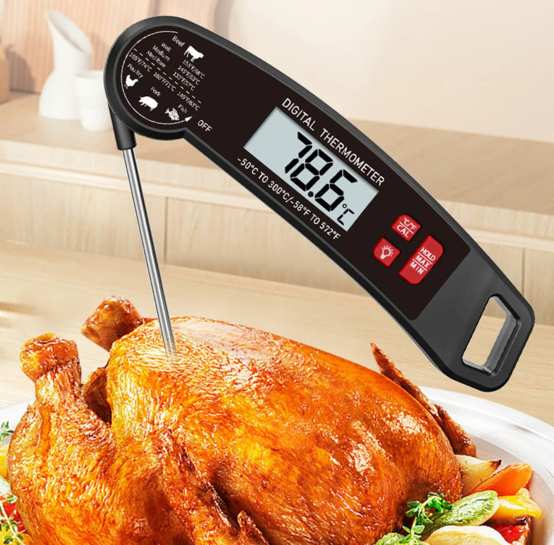 Professional digital food thermometer with instant-read foldable probe and backlit display for precise cooking.