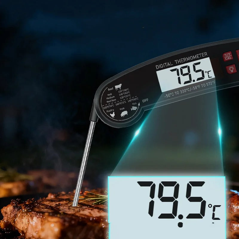 Digital meat thermometer, instant-read, magnetic & foldable for grilling, baking, and kitchen cooking.