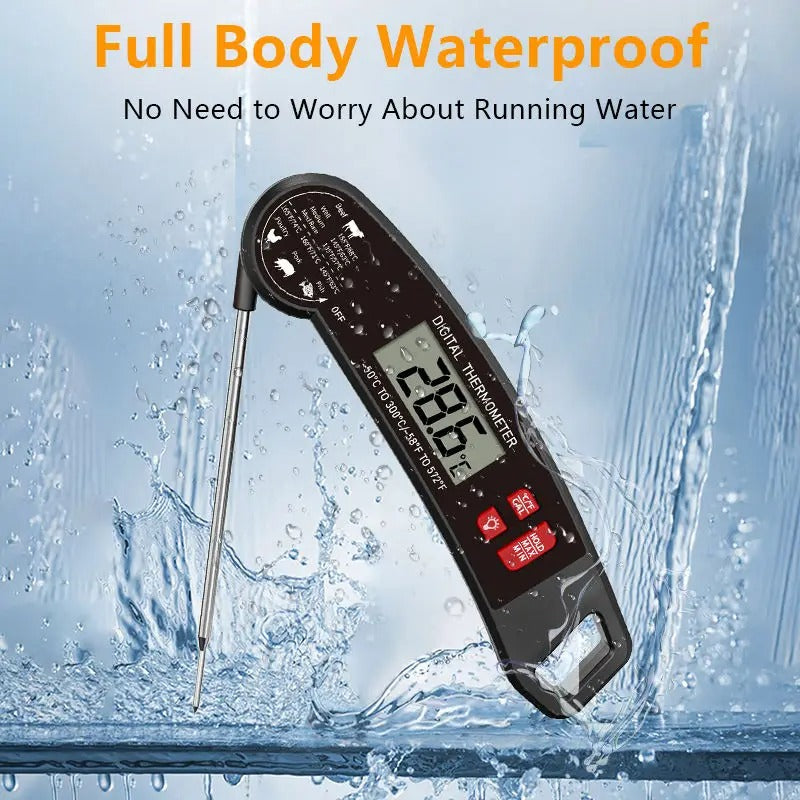 Precise digital kitchen thermometer with backlit display & instant-read foldable probe for meats.