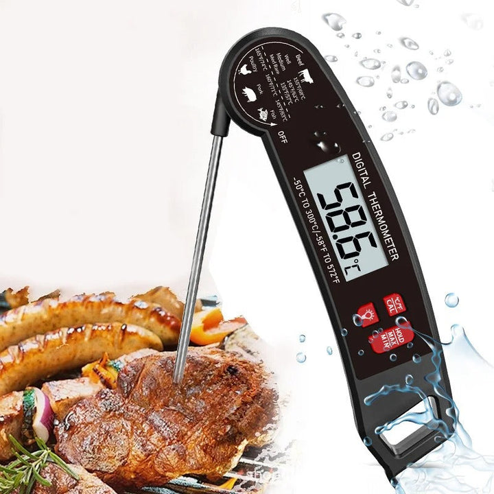 Instant-read digital food thermometer with backlit display and foldable probe. A versatile kitchen gadget.