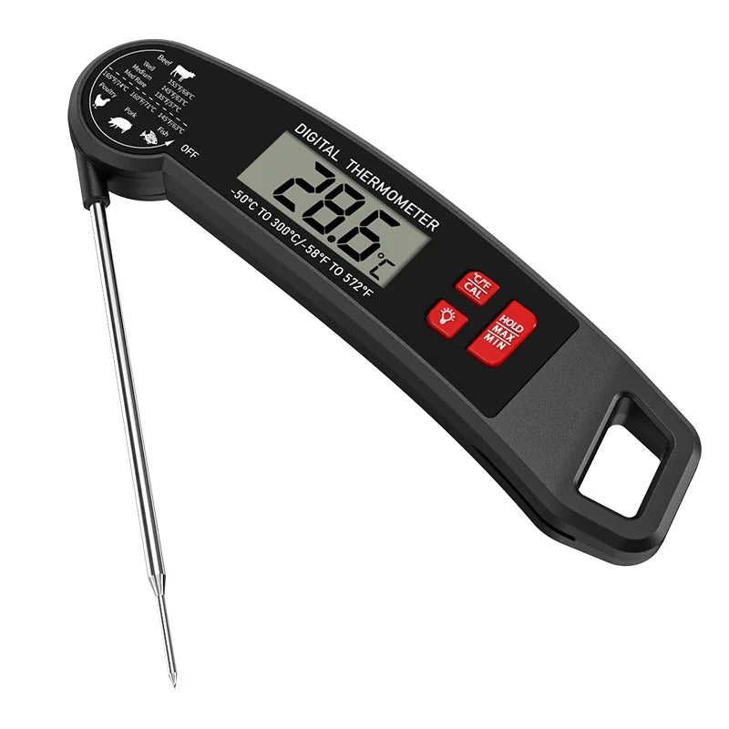Backlit digital meat thermometer with instant-read foldable probe. Essential for grill & baking.