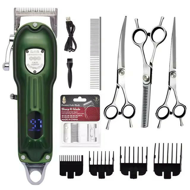 Professional dog grooming kit with silent cordless clippers & sharp scissors for home pet care.
