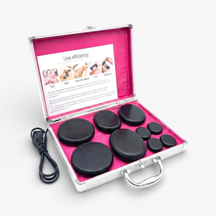 Professional hot stone massage set with heater for therapeutic relaxation.
