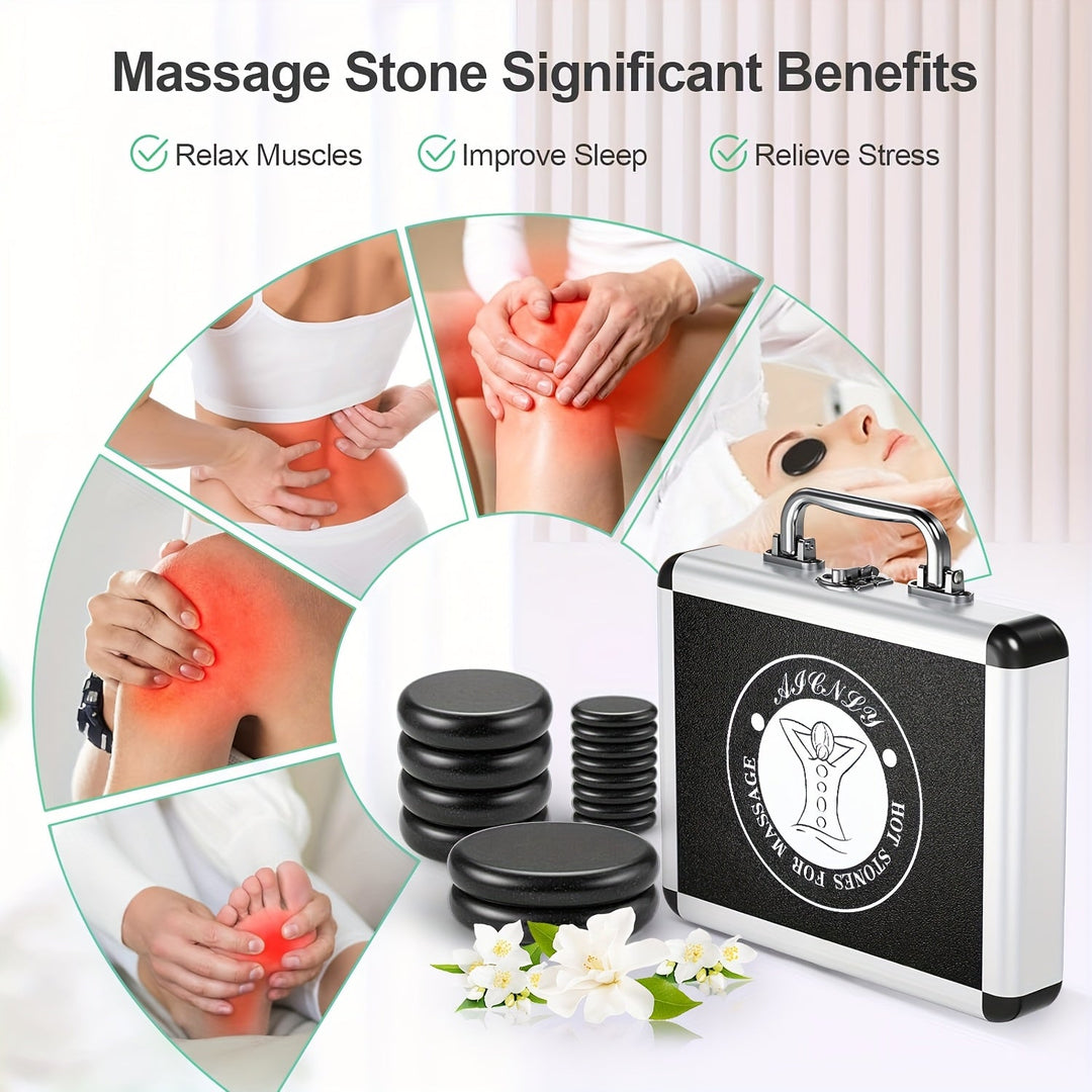 Therapeutic hot stone massage set for professional use, complete with heater.