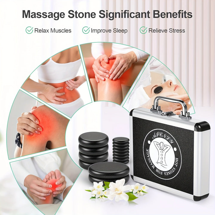 Therapeutic hot stone massage set for professional use, complete with heater.