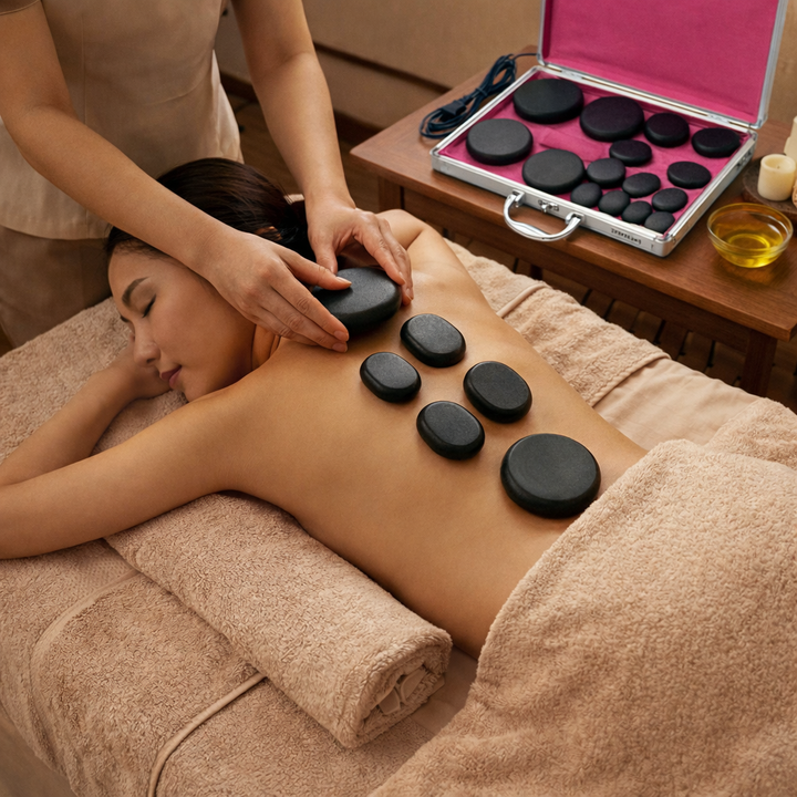 Hot stone massage set with electric heater for relaxing muscle relief and self-care.