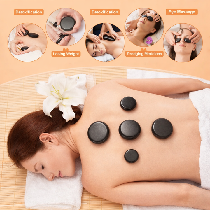 Volcanic hot stone massage kit with professional heating system for spa therapy.