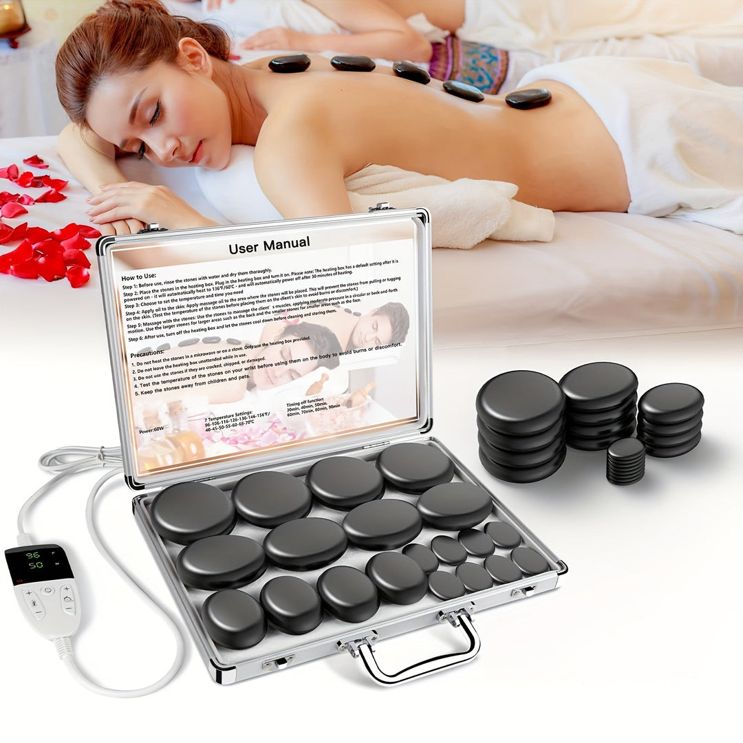 Deep tissue hot stone massage set, complete with heater for muscle relaxation.