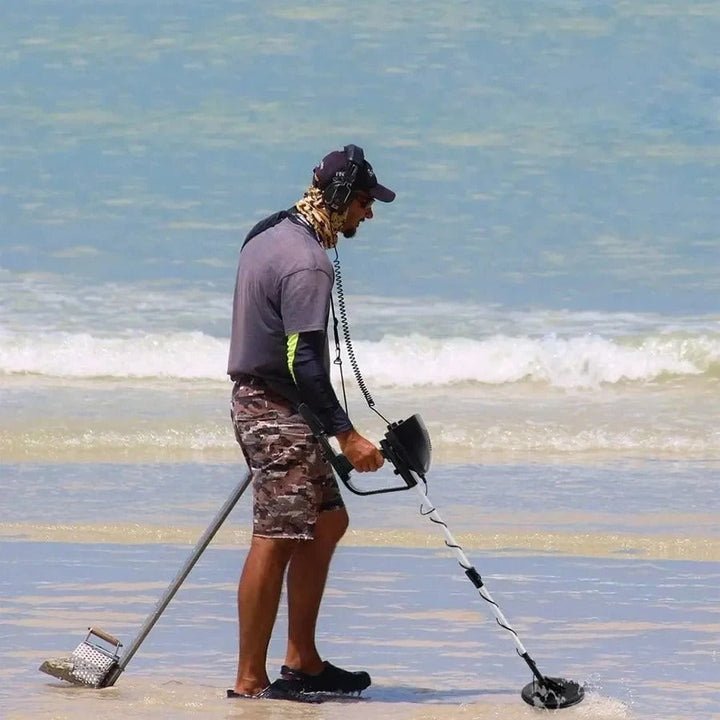 High-performance gold hunting metal detector with waterproof coil for deep treasure detection and prospecting.