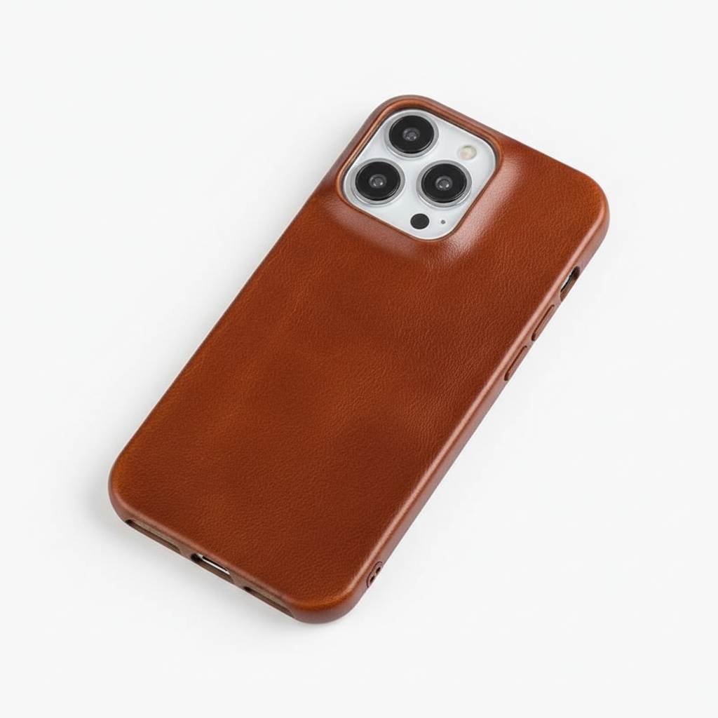 Protective leather iPhone case with shock absorption, enhanced grip, and anti-scratch defense.