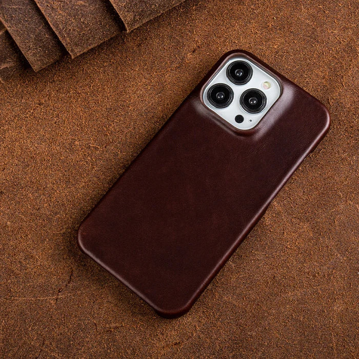Textured leather iPhone protective case, showcasing enhanced grip and shock absorption.