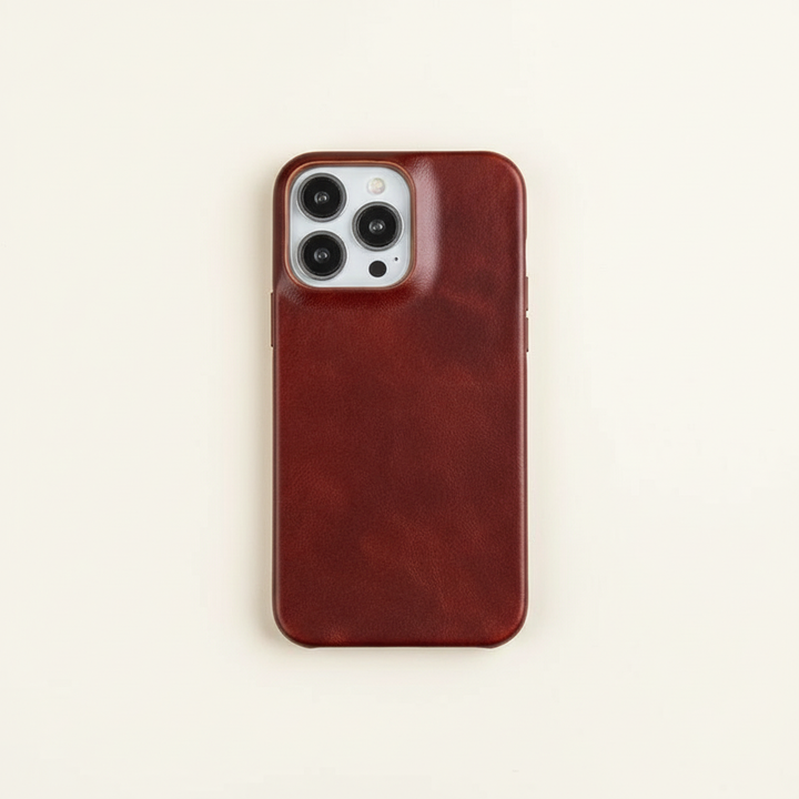 Side view of a protective leather iPhone case, emphasizing slim design, shock absorption & grip.