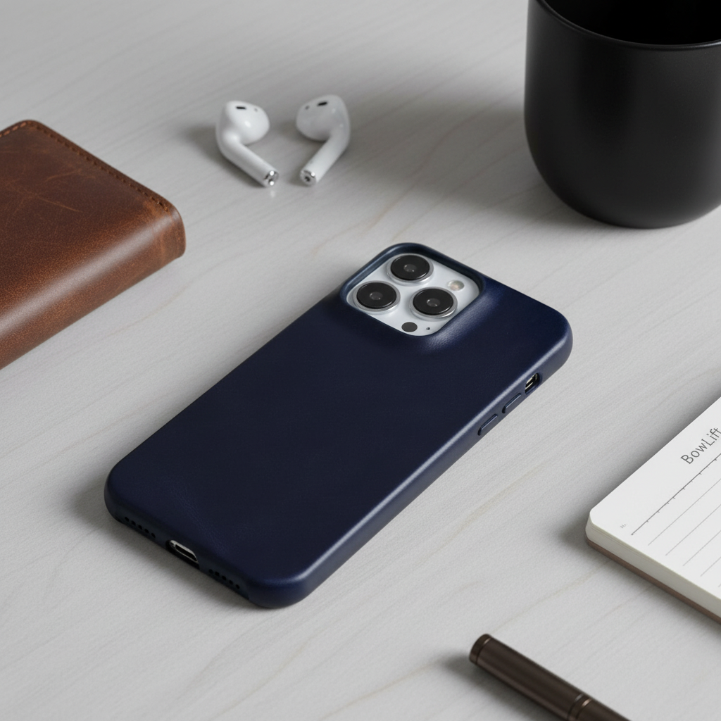 Slim, shock-absorbing leather iPhone 13 case. Features enhanced grip & wireless charging compatibility.