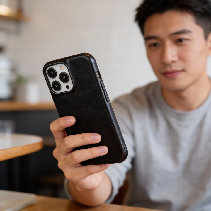 Advanced leather iPhone 16 case with enhanced grip, shock-absorbing defense, and wireless charging.