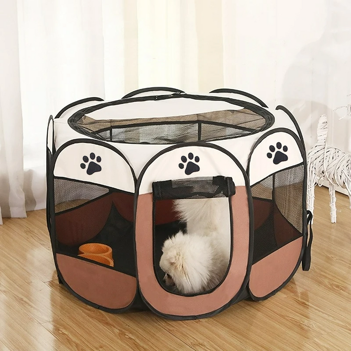 PupTent portable folding pet play tent for indoor and outdoor use, providing a safe enclosure.