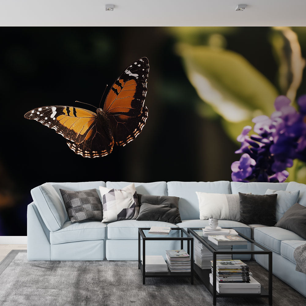 Purple Wisteria floral butterfly wall mural. Removable peel & stick wallpaper, ideal for living room & bedroom decor.