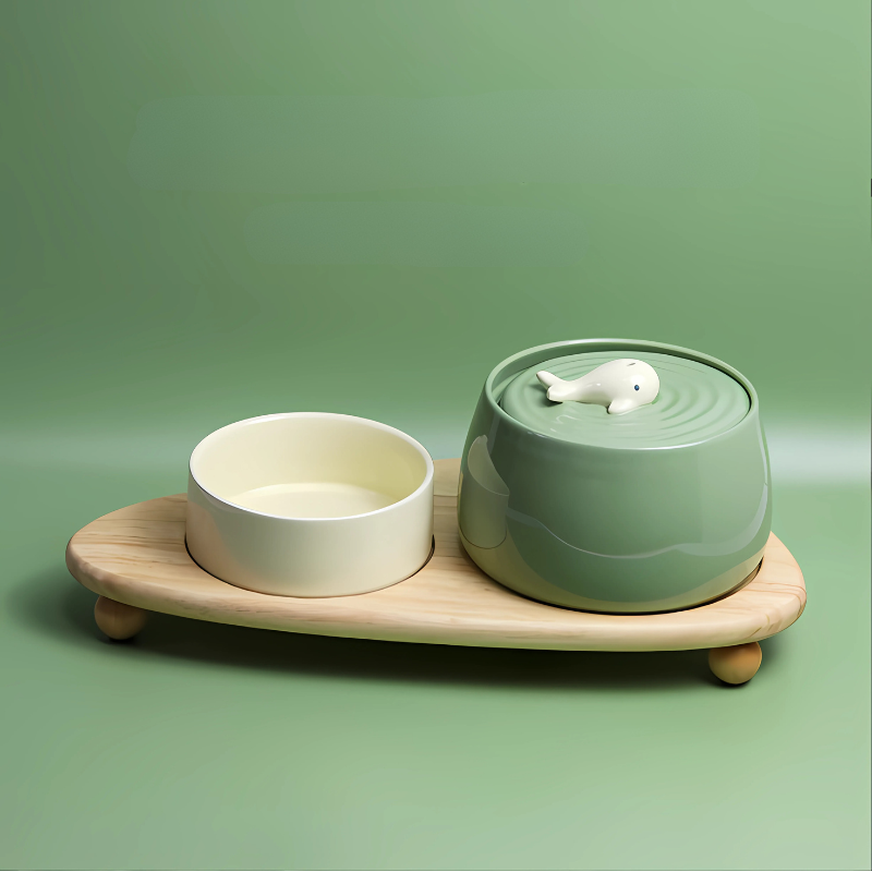 Elegant beige ceramic pet fountain with silent pump, encouraging healthy hydration for cats & dogs.