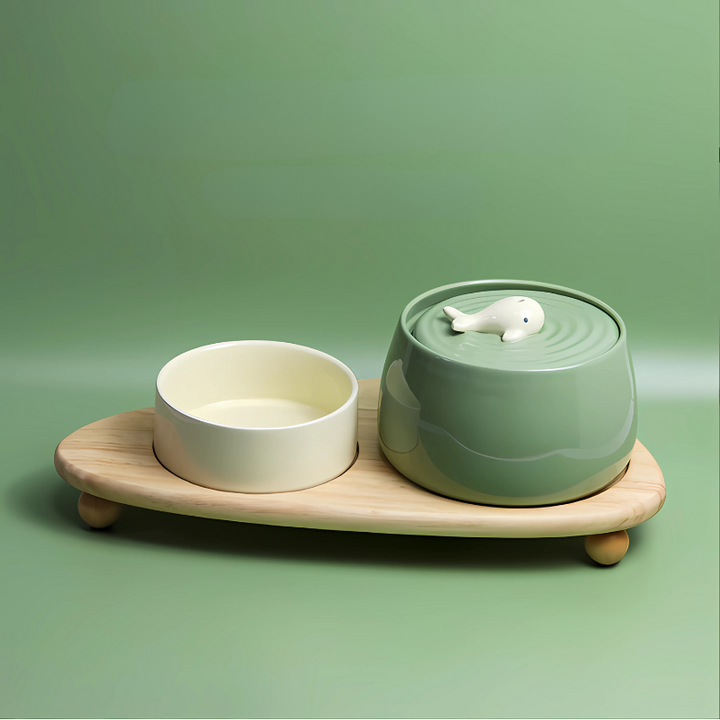 Elegant beige ceramic pet fountain with silent pump, encouraging healthy hydration for cats & dogs.