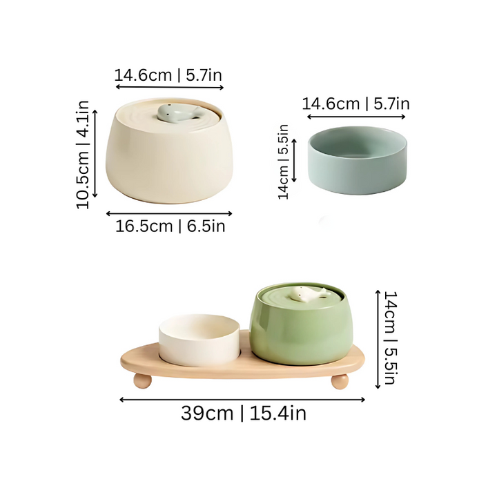 Filtered water dispenser for cats & small dogs, ceramic bowl, quiet design for anxious pets.
