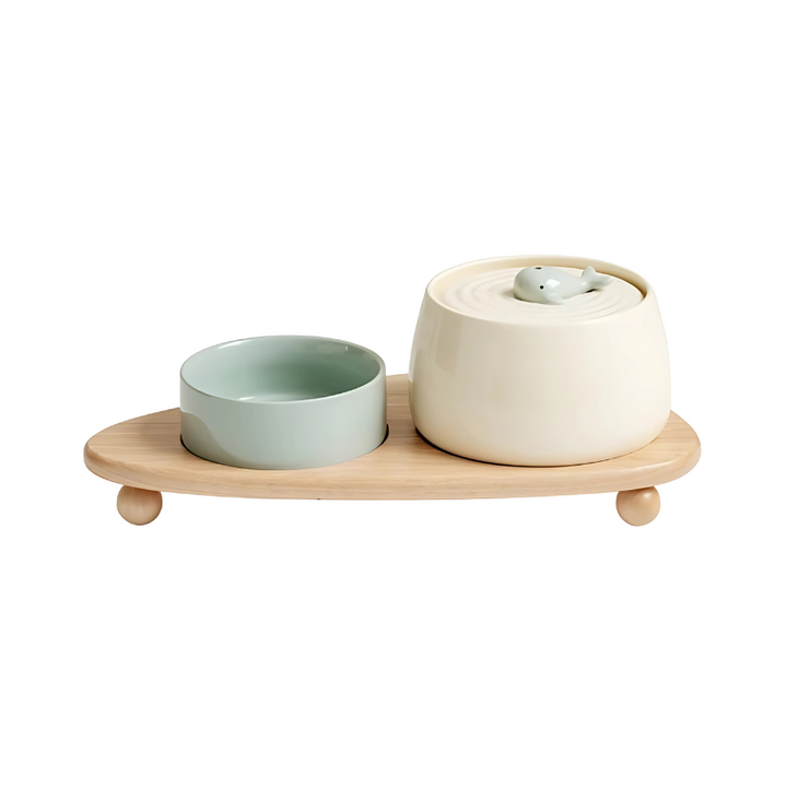 Ceramic pet hydration station, quiet running, provides continuous filtered water for dog & cat.