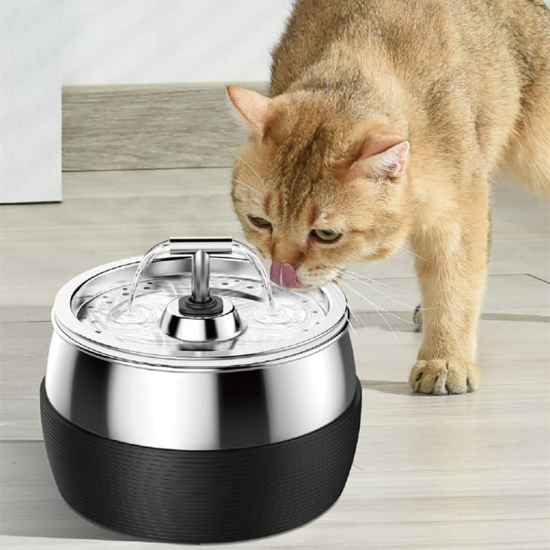 Quiet stainless steel pet water fountain (0.79 gal) with dual spout for dogs & cats.
