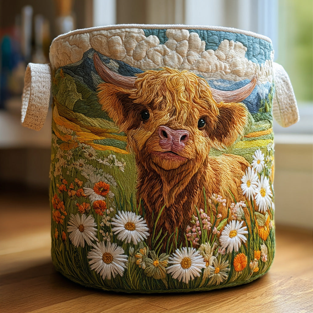 Quilted floral laundry basket for stylish home organization. Decorative fabric hamper with a vibrant floral print.
