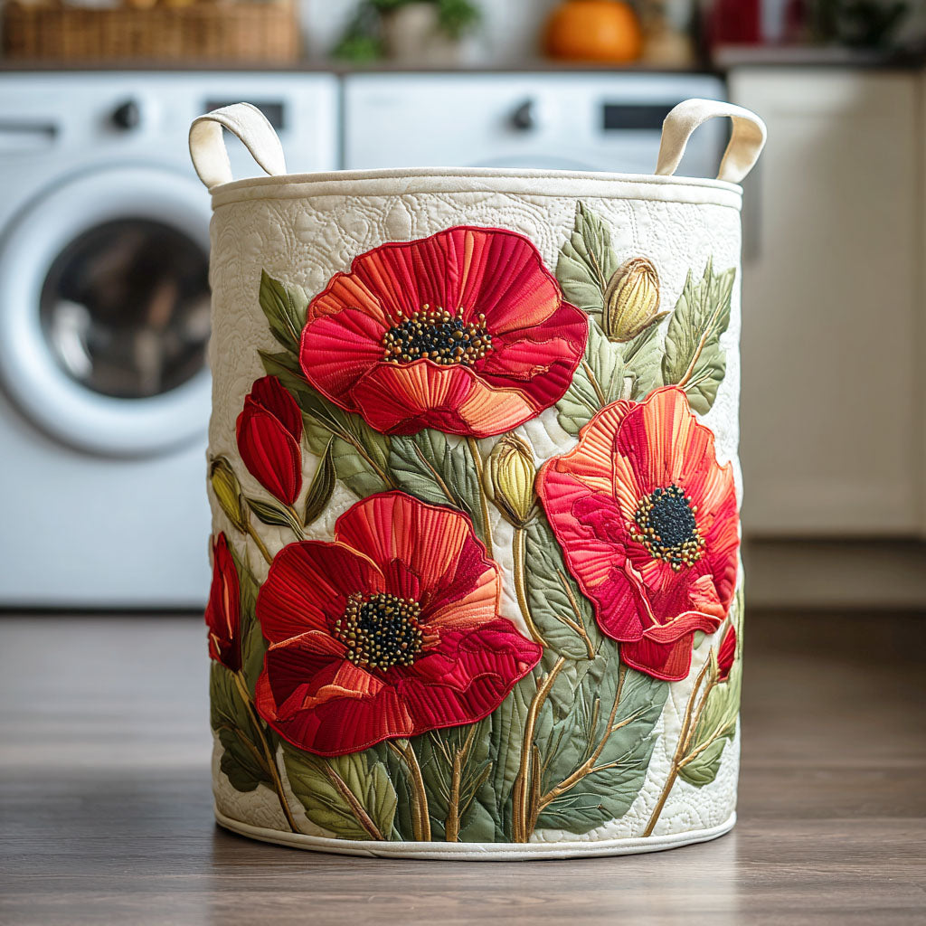 Quilted laundry basket with vibrant red poppy design, a stylish and collapsible home organizer for bedroom or bathroom storage.