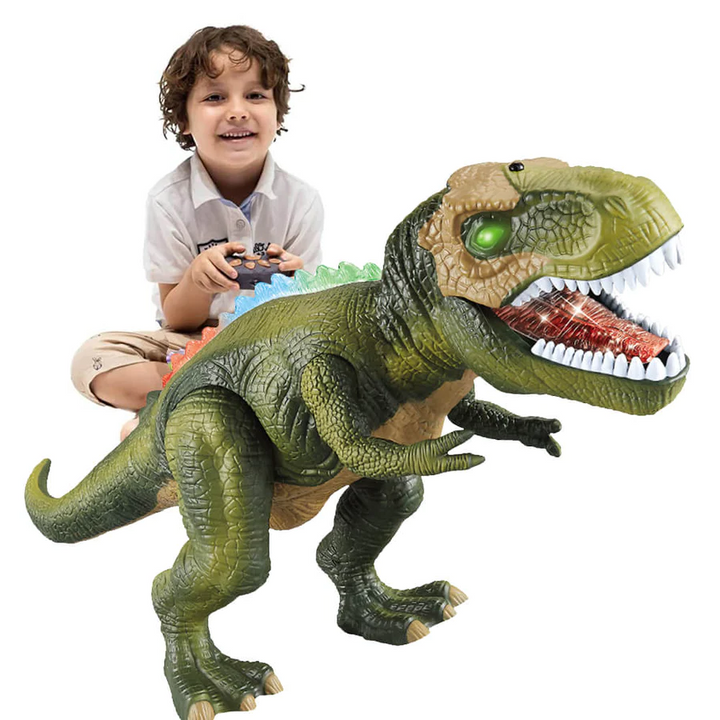 Interactive remote control dinosaur toy for children, featuring realistic walking motion, bright LED lights, and sound.