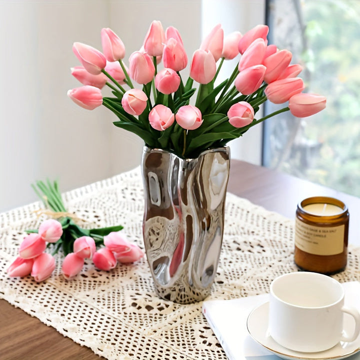 Realistic 10-pack artificial tulips for home & event decor. Faux floral, no maintenance wedding flowers.