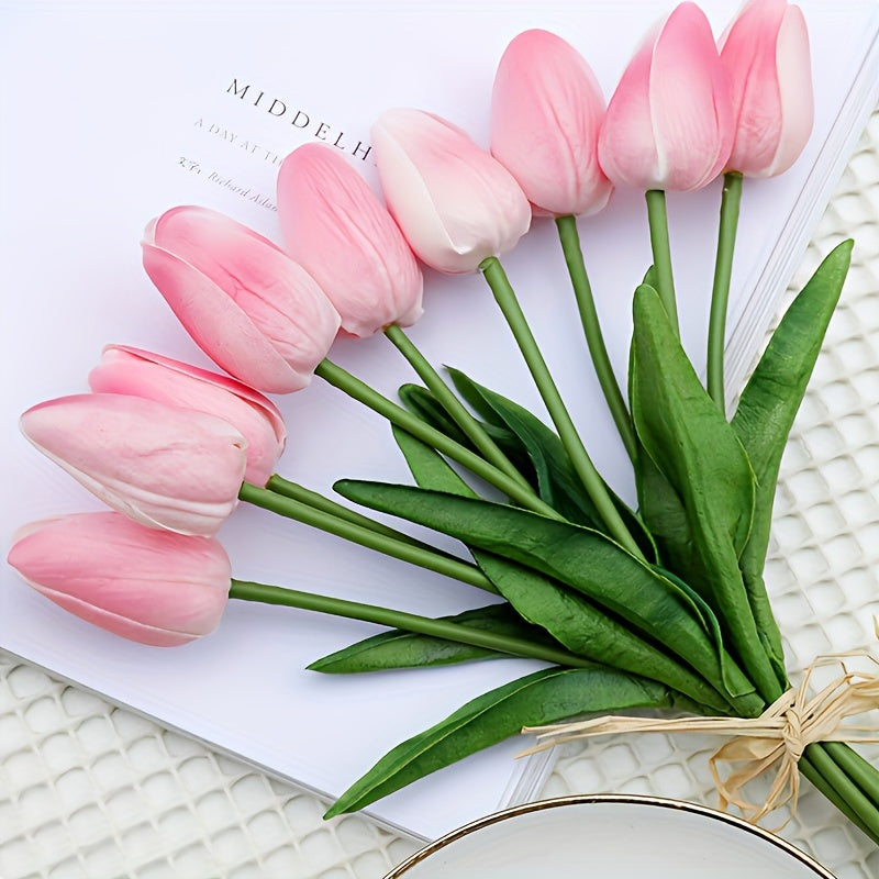 Decorative artificial tulips in orange, white, pink. Perfect faux floral for spring home & wedding decor.