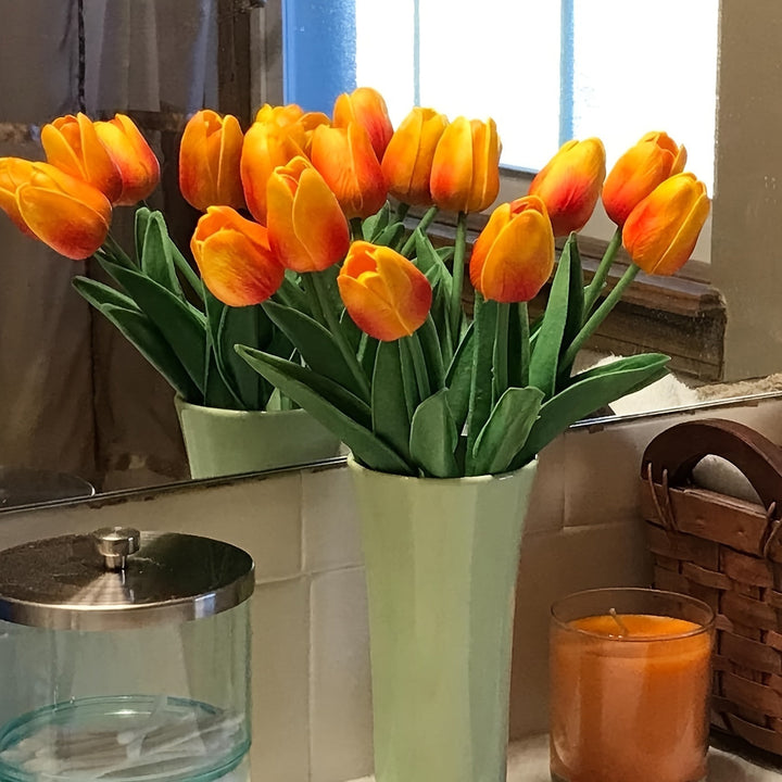 Elegant faux tulips, 10-pack, for stylish interior decoration. Realistic artificial flowers for home decor.
