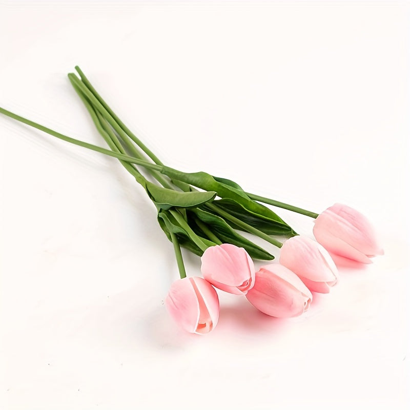 Beautiful arrangement of 10 artificial tulips in a vase. Faux floral for modern home & wedding decoration.