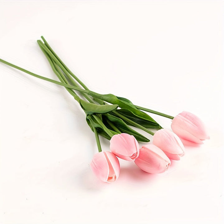 Beautiful arrangement of 10 artificial tulips in a vase. Faux floral for modern home & wedding decoration.