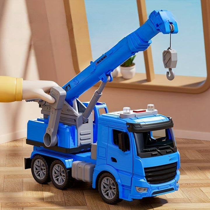 Interactive kids' crane truck toy with flashing lights & realistic sounds, ideal for preschool construction fun.