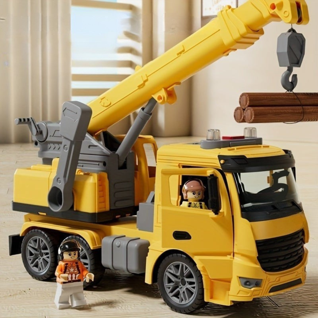 Large toy crane truck with movable arm, realistic lights & sounds for immersive construction role-play by kids.