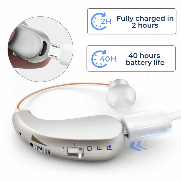 Sleek silver rechargeable digital ear amplifier for clear hearing, discreet and comfortable.