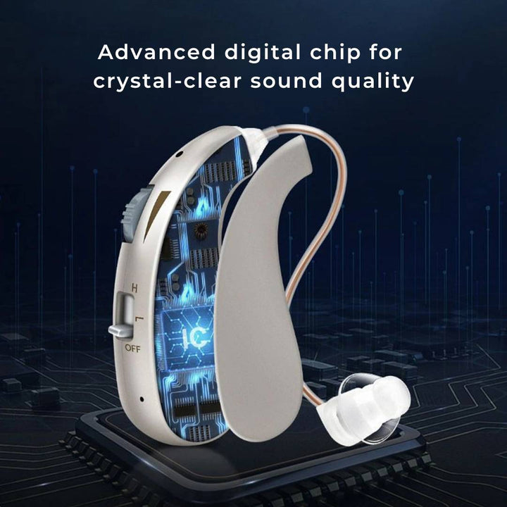 Advanced digital sound amplifier ensures clear hearing, rechargeable for daily convenience.