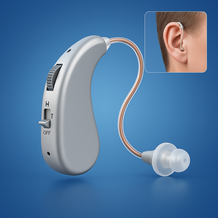 Experience clear hearing with this comfortable, rechargeable digital sound amplifier.