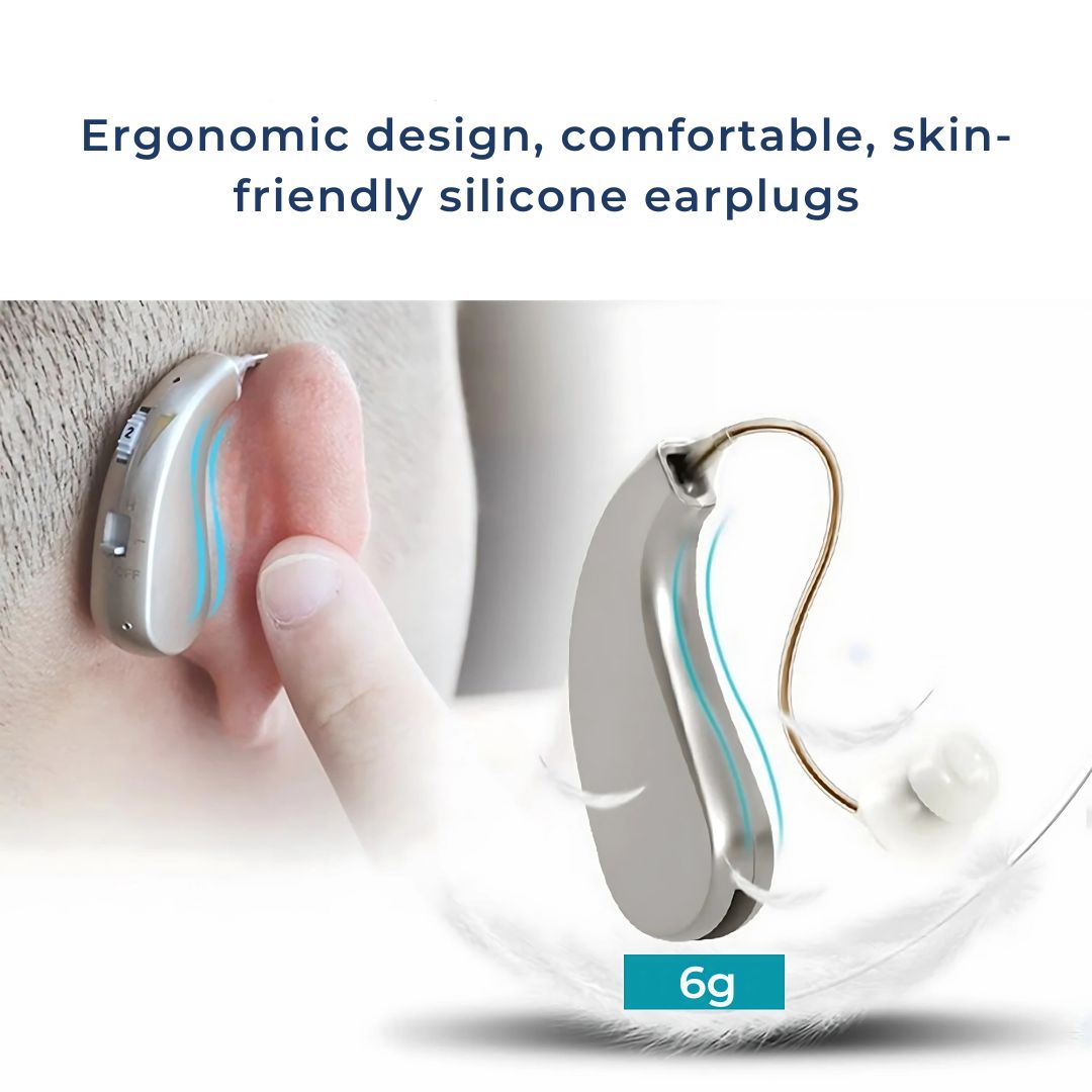Skin-colored rechargeable digital hearing aid for discreet, clear hearing assistance.