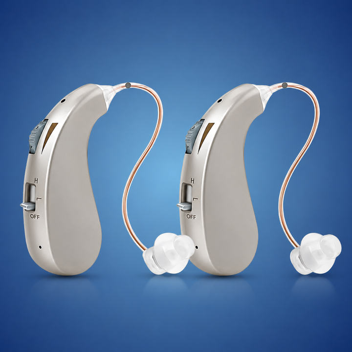 High-quality rechargeable digital sound amplifier, comfortable & discreet for clear hearing.
