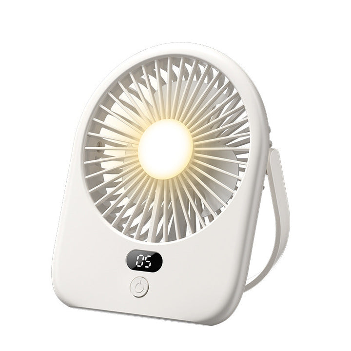 Rechargeable LED desk fan with digital display. Portable personal cooler, ideal for home office or travel comfort.